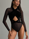 ZASUWA Female Sexy Sheer Mesh Cutout Cross Bodysuit