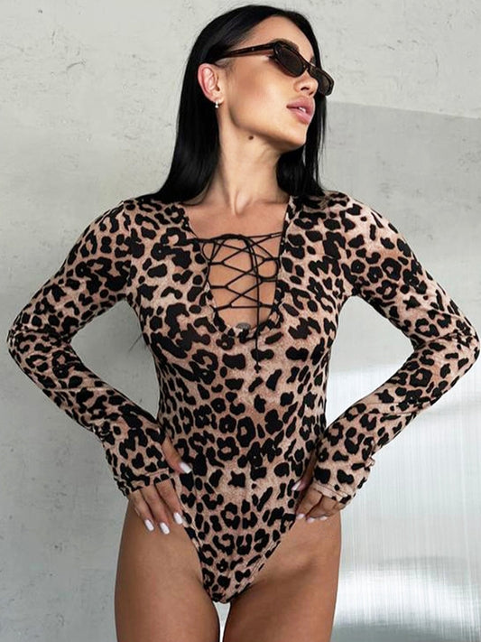 ZASUWA Female Sexy Leopard Print Lace-up Bodysuit