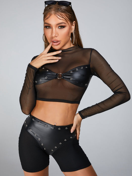 🖤ZASUWA Female Rivet Fly-eye Quick-dry Faux Leather Sheer Mesh Quick-dry Short Tracksuits