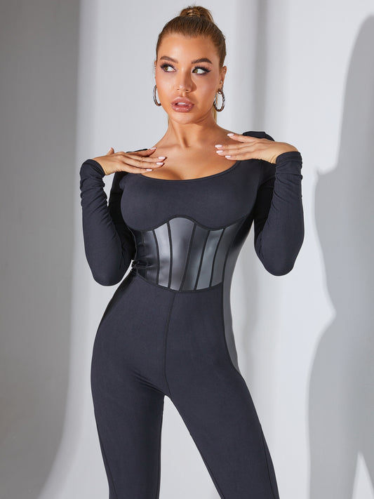 ❤ZASUWA Female Square Collar Faux Leather Corset Jumpsuit