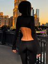 🖤ZASUWA Female Unique Cutout Backless Flare Hooded Jumpsuit