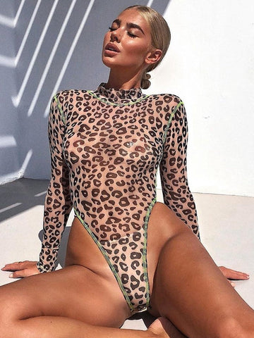 🖤ZASUWA Female Leopard Print Sheer Mesh Bodysuit