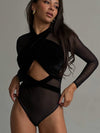 ZASUWA Female Sexy Sheer Mesh Cutout Cross Bodysuit