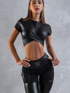 ❤ZASUWA Female PU Glossy Cross Twist Metal Buttons Hip-lift Sportswear