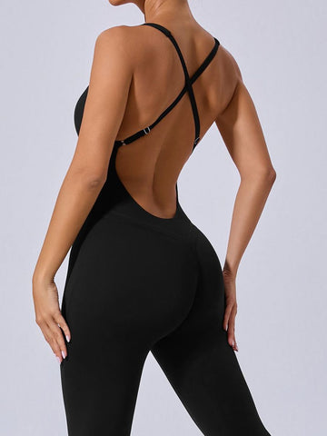 ZASUWA Female Cross Back Backless Adjustable Strap Elastic Tight Jumpsuit