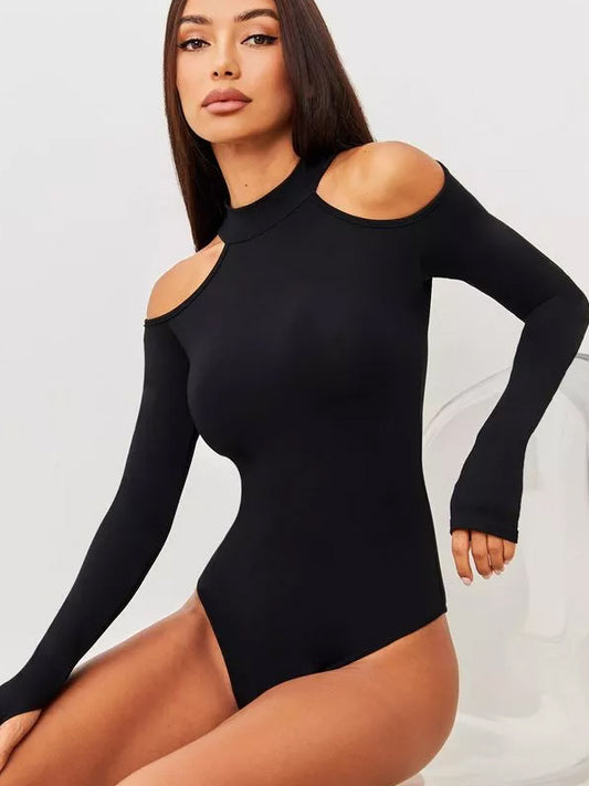 ZASUWA Female Solid Color Hollow Out Elastic Tight Breathable Bodysuit