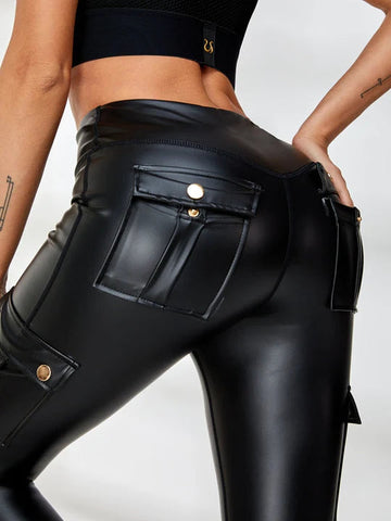 ZASUWA Female Faux Leather Pocket Scrunch Bum Cargo Leggings