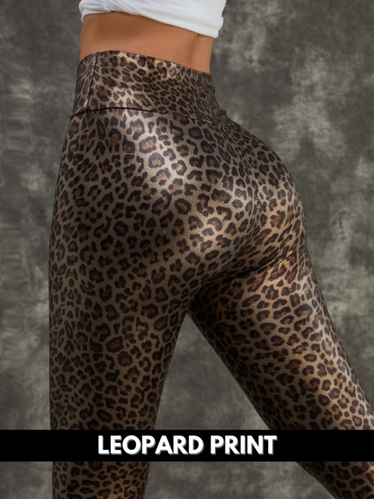 ZASUWA Female PU Faux Leather Leopard Print Leggings