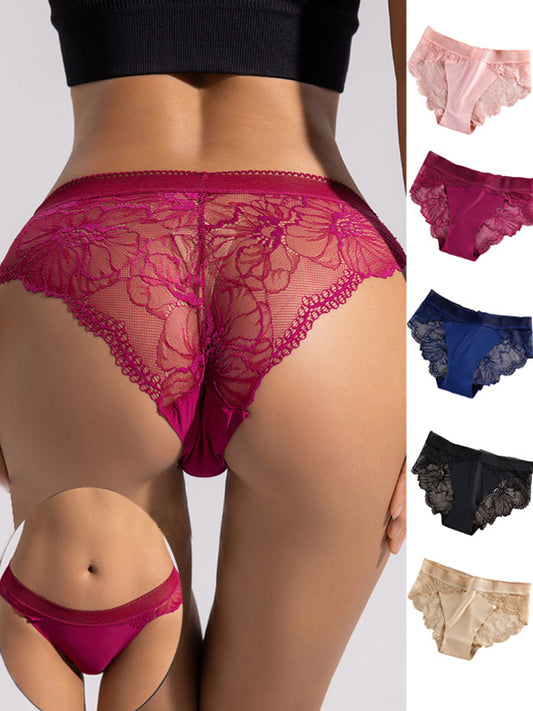 ZASUWA Female Sexy Flower Lace Splicing Silk Panties