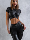 ❤ZASUWA Female PU Glossy Cross Twist Metal Buttons Hip-lift Sportswear