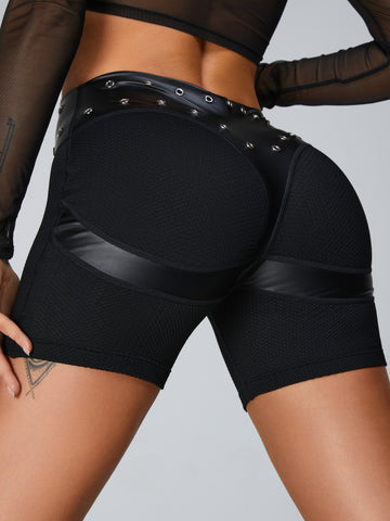 🖤ZASUWA Female Rivet Fly-eye Quick-dry Faux Leather Spandex Gym Booty Shorts