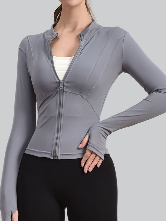 ZASUWA Female Zipper Pocket Elastic Tight Stand Collar Solid Color Jacket