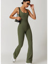 ZASUWA Female Solid Color U Collar Bell Bottom Flare Jumpsuits