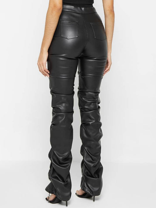 ZASUWA Female Faux Leather Folds Zipper Fashion Leggings