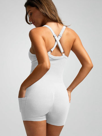 ZASUWA Female Ribbed Pocket Cross Back Scrunch Bum Seamless Short Jumpsuit