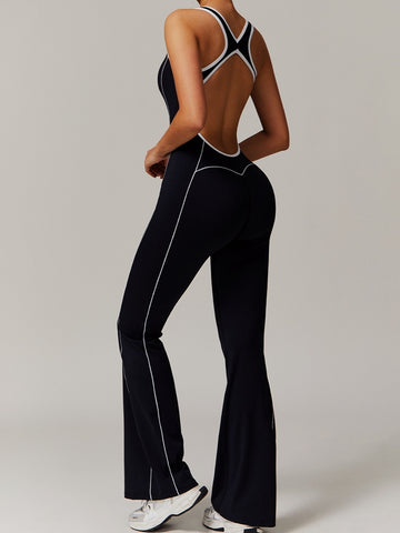 ZASUWA Female Backless Stripes Flare Jumpsuit