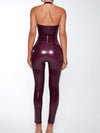 ZASUWA Female Sexy Deep V Collar Faux Leather Zipper Jumpsuit