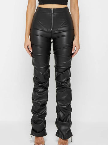 ZASUWA Female Faux Leather Folds Zipper Fashion Leggings