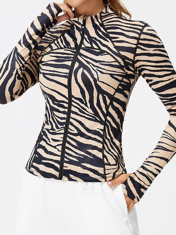 ZASUWA Female Zebra Print Zipper Thumbhole Jacket