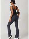 ZASUWA Female Solid Color U Collar Bell Bottom Flare Jumpsuits