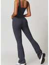 ZASUWA Female Solid Color U Collar Bell Bottom Flare Jumpsuits