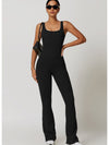 ZASUWA Female Solid Color U Collar Bell Bottom Flare Jumpsuits