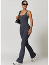 ZASUWA Female Solid Color U Collar Bell Bottom Flare Jumpsuits