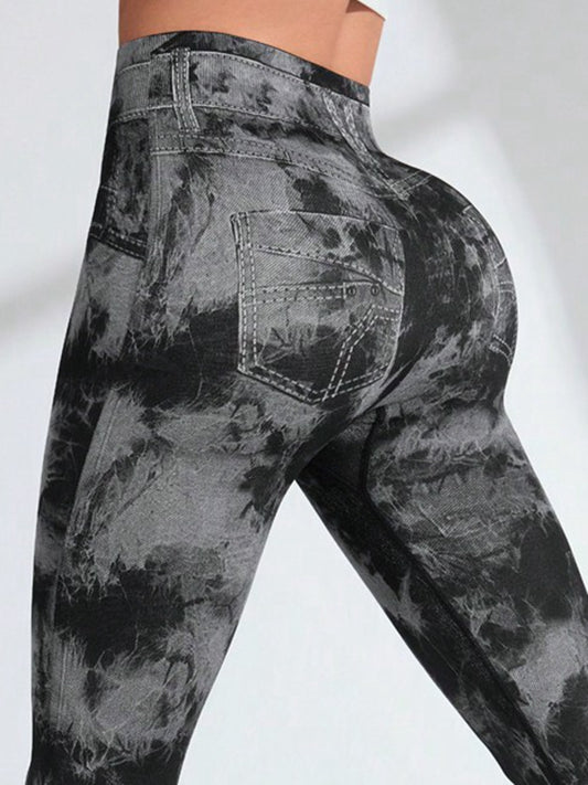 ZASUWA Female Hot Tie-dye Denim Pocket Scrunch Bum Leggings