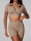 ZASUWA Female Ribbed Lapel Collar Tight Short Tracksuit