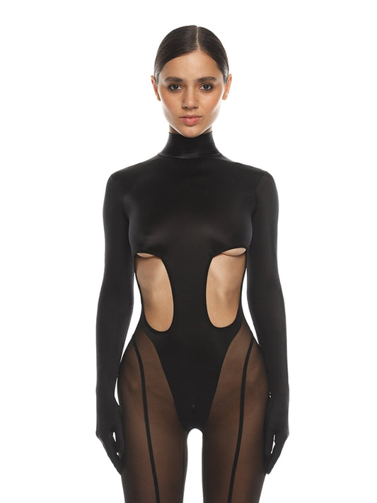 ❤ZASUWA Female Unique Cutout Super Mesh Zipper Booty Jumpsuit