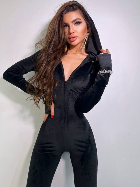 ZASUWA Female Velvet Zipper Thumbhole Hooded Jumpsuit