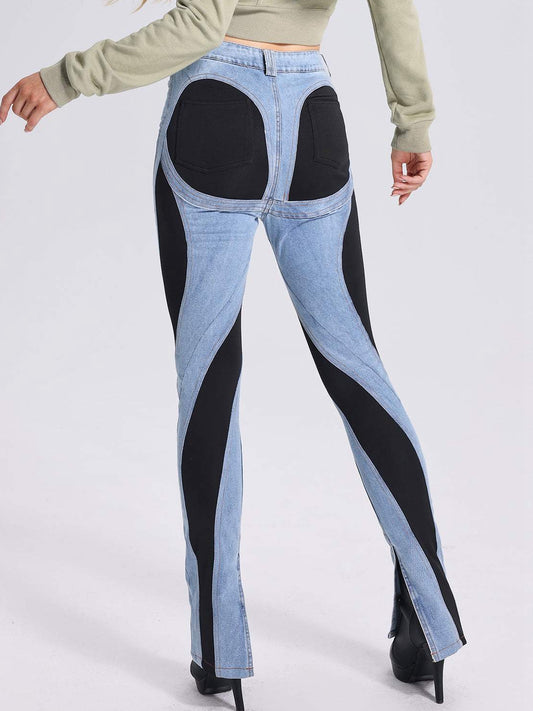 ZASUWA Female Fly-eye Contrast Color Denim Pocket Booty Leggings