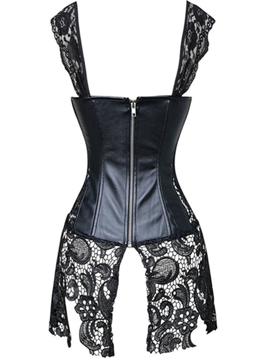 ZASUWA Female Lace PU Faux Leather Zipper Roman Knot Corset Shapewear