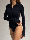 ZASUWA Female Lapel Button Long Sleeves Bodysuit