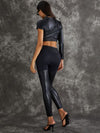 ❤ZASUWA Female PU Glossy Cross Twist Metal Buttons Hip-lift Leggings