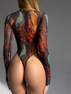 ZASUWA Female Sexy Hot Tie-dye Print Sheer Mesh Bodysuit