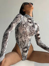 ZASUWA Female Sexy Hot Tie-dye Print Sheer Mesh Bodysuit